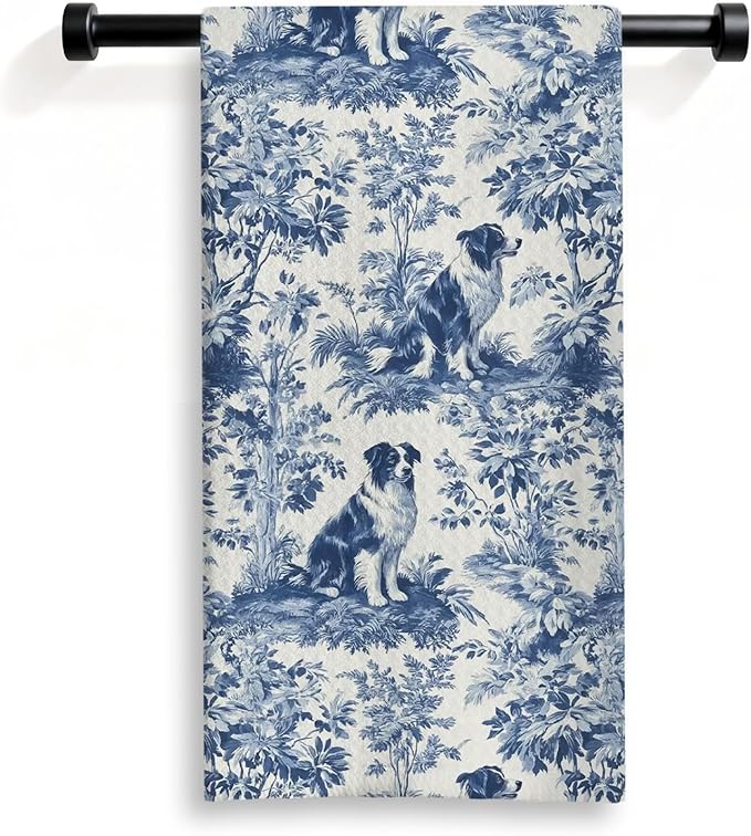 Australian Shepherd Kitchen Dish Towels,Blue and White Floral Dog Towel Dish Tea Towels, Chinoiserie Decor for Kitchen Bathroom,Australian Shepherd Gifts for Dog Lover Mom Dad,16x24 Inch