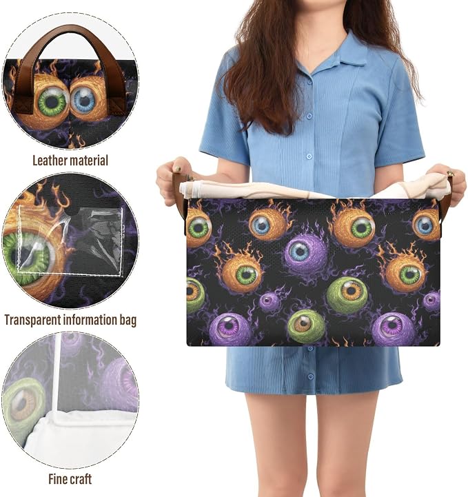 Funny Purple Green Orange Eyeball Storage Basket Foldable Cube Storage Bins with Handles&Label Waterproof Organizer Box Bin Large Rectangle Decorative Baskets for Shelves Home Room Laundry-2 Pack