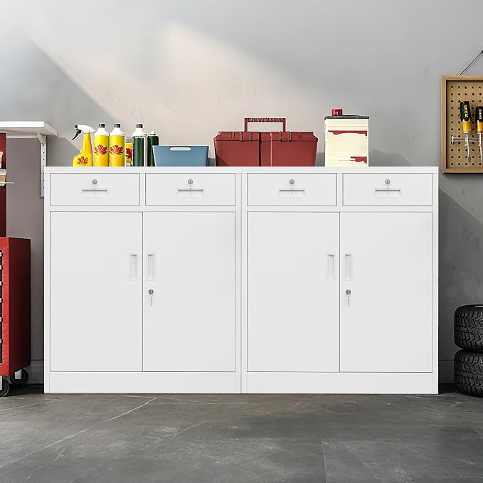Wanfu Metal Storage Cabinet, Locking Storage Cabinet with Adjustable Shelf, 36" H Metal Cabinets with 2 Drawers for Office, Garage, Home-White