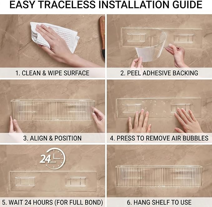 Osuke 2 Pack Clear Shower Caddy & Bathroom Counter Organizer, Slim 2.3" Adhesive Wall Mount Shower Shelves with 3 Compartments, Fluted Bathroom Organizers and Storage for Skincare