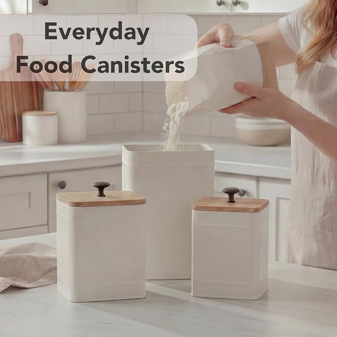 PERFNIQUE Kitchen Canisters for Countertop Set of 3, Airtight Canisters Sets for the Kitchen Counter with Lid, Metal Farmhouse Food Storage Containers Jars for Flour Sugar Coffee Tea Spice (White)