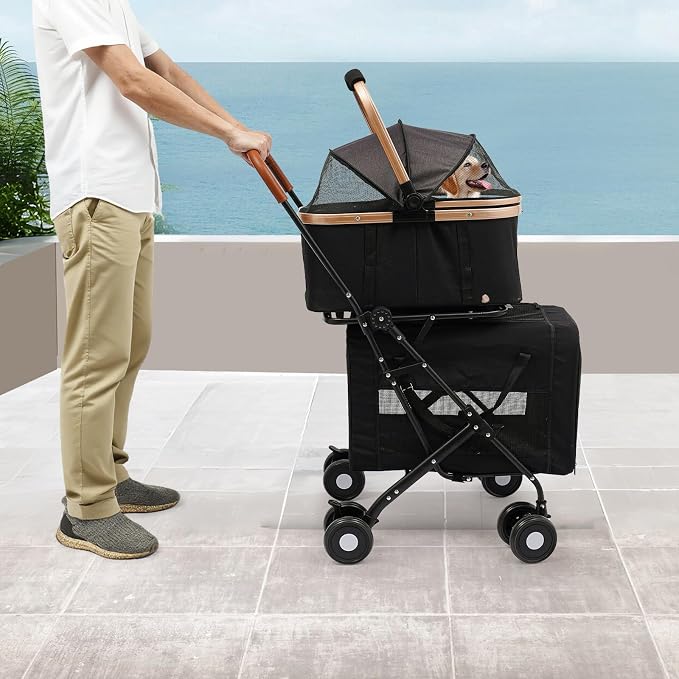 Pet Stroller for Small Medium Dogs Up to 77lbs, Folding Pet Carriage Cart for Dogs Cats, 360° Swivel Front Wheels Portable Cat Puppy Jogging Stroller with Storage Pocket & Safety Lock