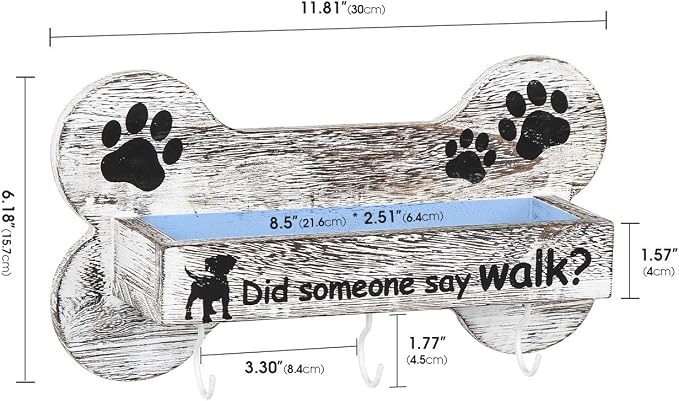 J JACKCUBE DESIGN Rustic White Bone Shape Wall Mounted Dog Leash Holder with 3 Key Holder Hooks and Extra Storage Compartment Box Shelf for Pet Treats, Accessories and more - MK679A