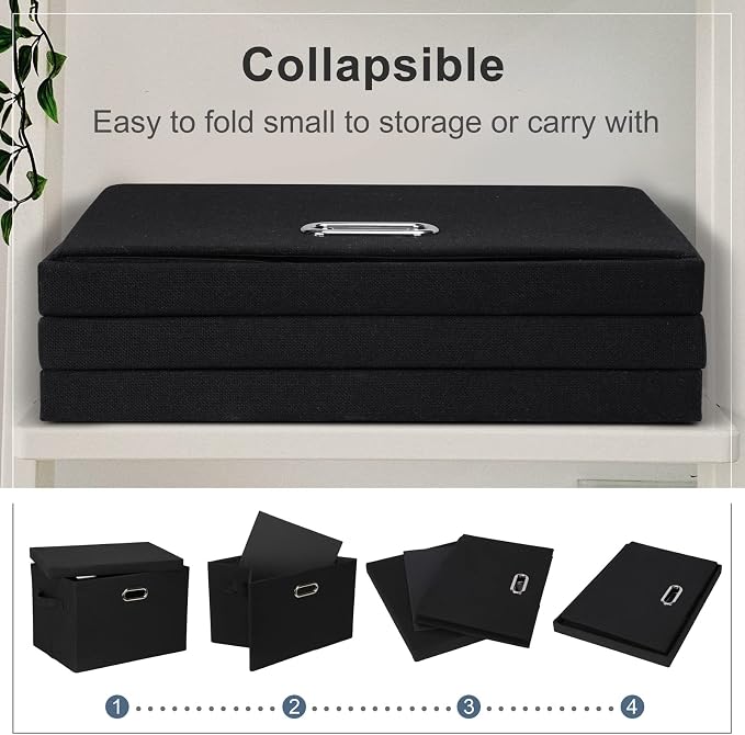 Graciadeco Large 17" 36 Quart Collapsible Stackable Storage Bins with Lids, 1 Pack Black Foldable Fabric Closet Storage Boxes with Lids, 4 Handles Heavy-duty Linen Cube Baskets for Bedroom | 36 Quart 1 Pack Black Collapsible Stackable Linen Fabric 4 Ha...