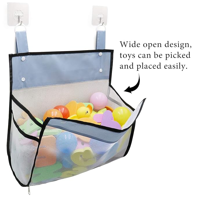 Muchufn Bath Toy Organizer Multiple Ways to Hang | Extra Large Opening Bathroom Toy Holder, Bottom Zipper Bathtub Toy Storage Bag (Black)