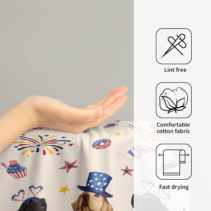 Giwawa 4th of July Dogs Towel Set of 2 Patriotic Puppy Hand Fingertip Towel Independence Day USA Stars Firework Quick Drying Dish Wash Cloth for Hotel Bathroom Gym Home Spa Holiday Decor