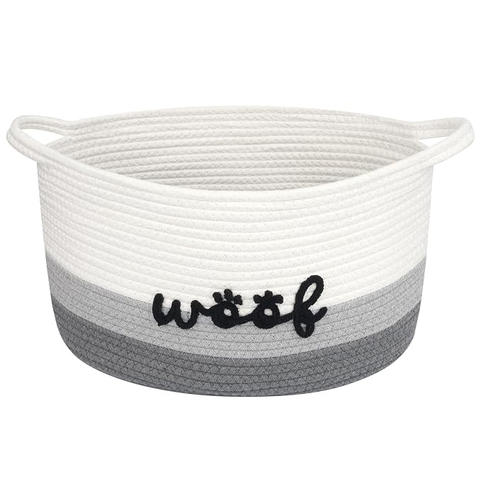 Dog Toy Basket Cute Basket for Baby, Woven Basket Toy Box and Bin for Pet Cat, 15" X 10" X 9" (22L) Large Rope Basket for Blanket Storage, Living Room, Bedroom, White Gray