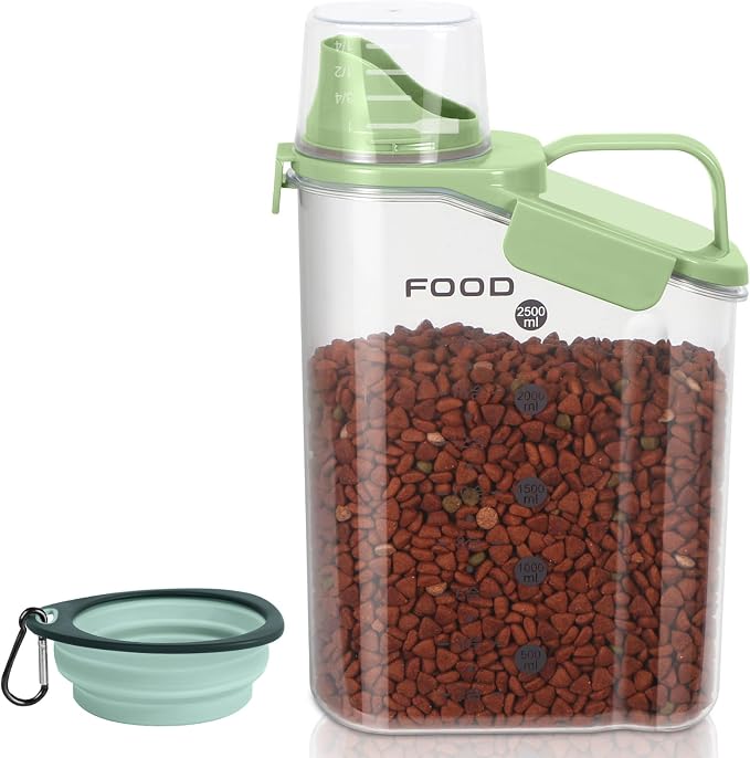 LEAWALK Dog Food Storage Container, Upgraded Large Nozzle BPA-free, 3-5 LBS Plastic Pet Food Storage Containers, With 3 Sealed Clasps, 1 Measuring Cup and Handle (Bright Green)