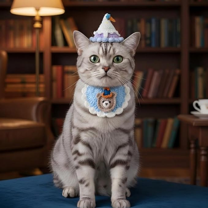 Handmade Knit Pet Birthday Costume – Adjustable Birthday Dog Hat & Teddy Bear Bandana for Cats and Small to Medium Dogs, Cute Outfit for Party, Holiday, Daily Wear & Photos