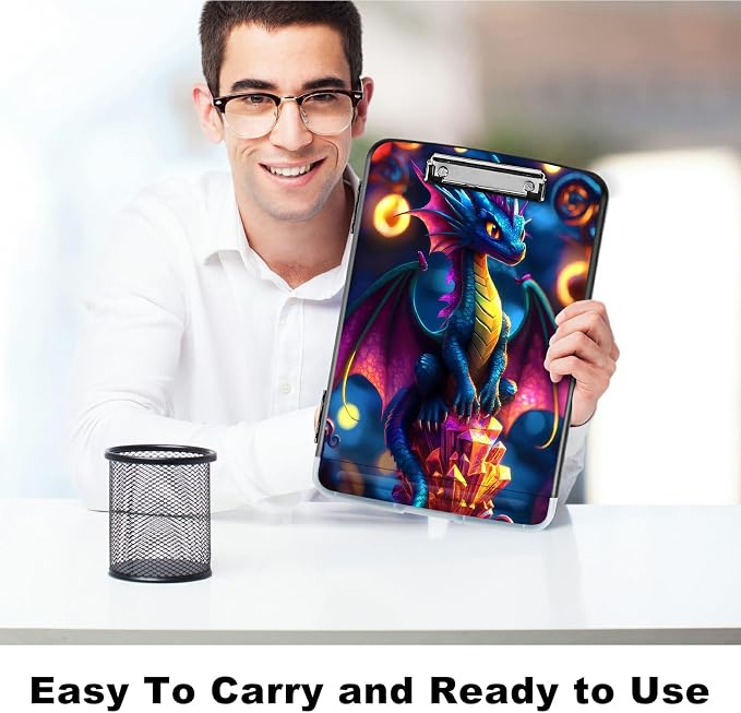 A4 Clipboard with Storage Pen Holder, Clipboards Organizer Nursing Clipboard Foldable File Folder Plastic Clipboard Folio Clip Board for Office Work Classroom Doctor, Blue Dragon