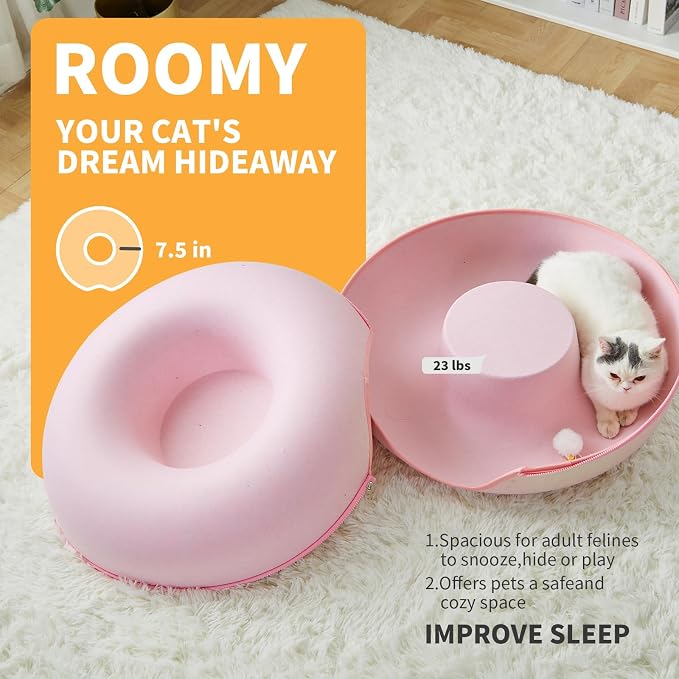 Peekaboo Cat Tunnel for Large Cats up to 30 lbs, Features A Jingle Ball, Removable and Washable Tunnel Bed, and a Cozy Donut Tunnel (Pink, 24 Inches)