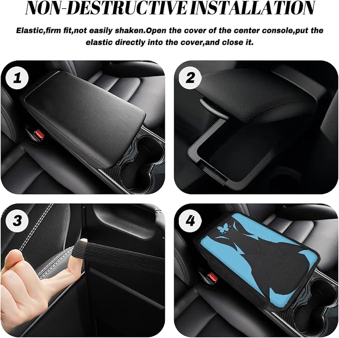 Howilath Car Center Console Cover, Universal Armrest Cushion Pad | Blue Butterfly Anti-Slip Backing, Elastic Install, Protects Armrest from Wear and Pet Damage