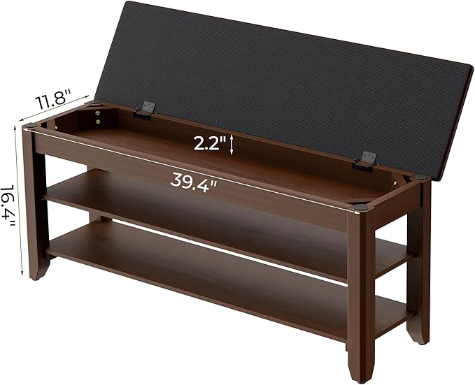 Homleke 39.4" Wide Solid Wood Shoe Rack Bench with Flip-Top Storage | 2-Tier Entryway Bench with Cushion, Adjustable Shelf, Holds Up to 10 Pairs, for Hallway, Bedroom and Closet, Walnut
