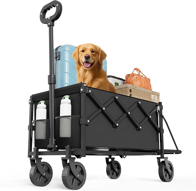 Foldable Wagon Cart 360 Lbs with Extension Part, Lightweight Portable Beach Wagon with Wheels, Large Capacity Pet Cart for Garden, Beach, Camping, Shopping (Black)