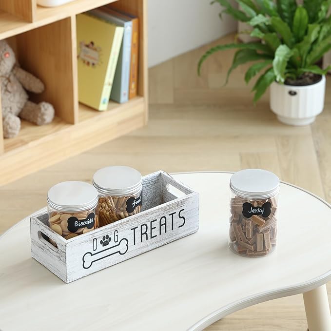 Dog Treat Container Cat Food Organizer Box with 3 Jars Personalized Pet Food Storage Containers Dog Treat Station Cat Treat Storage Farmhouse Decor Gift for Pet