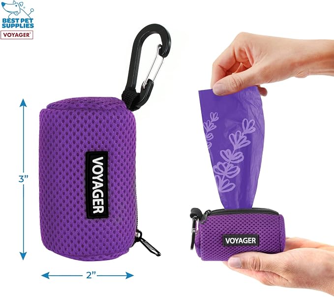 Best Pet Supplies Dog Poop Bag Holder Leash Attachment with Reusable Dispenser for Travel, Walking, Park, and Outdoor Use, Durable with Clip-On - Purple, Mesh Dispenser w/15 Bags