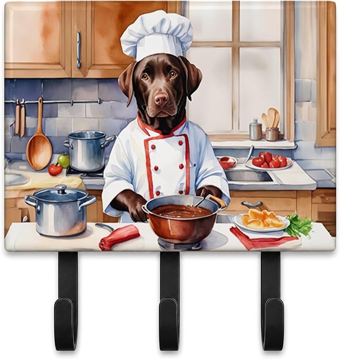 Caroline's Treasures Chocolate Labrador Retriever The Chef Leash or Key Holder Wall Hooks, Key Hooks Holder, Coat Rack Wall Mount, Coat Hooks, Hooks for Hanging Keys, Towels, Aprons, Leashes | Chocolate Labrador Retriever The Chef artwork on ceramic ti...