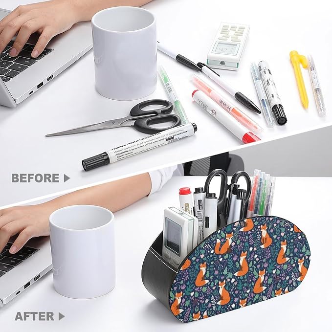 TV Remote Control Holder Organizer for Desk Fox 5 Compartment | Remote Caddy Box, Fox, Pu Leather, Fit Media Player, Maleup Brush, Office Supplies Accessory