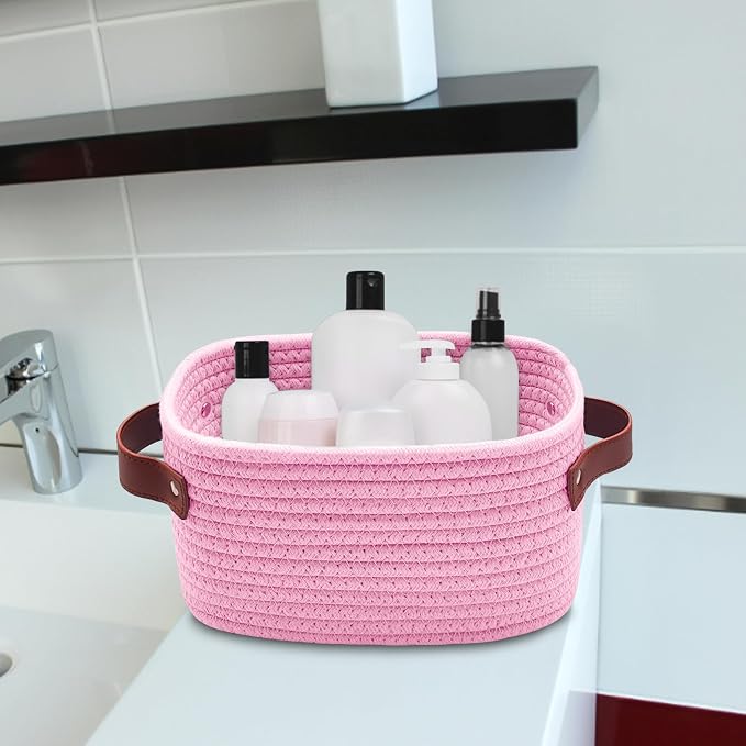 ABenkle Small Storage Basket, Mini Baskets with Handle, Cute Cotton Woven Baskets for Shelves, Boho Decorative Toy Storage Bin for Nursery, Spa, Empty Gift Basket - XS, Pink