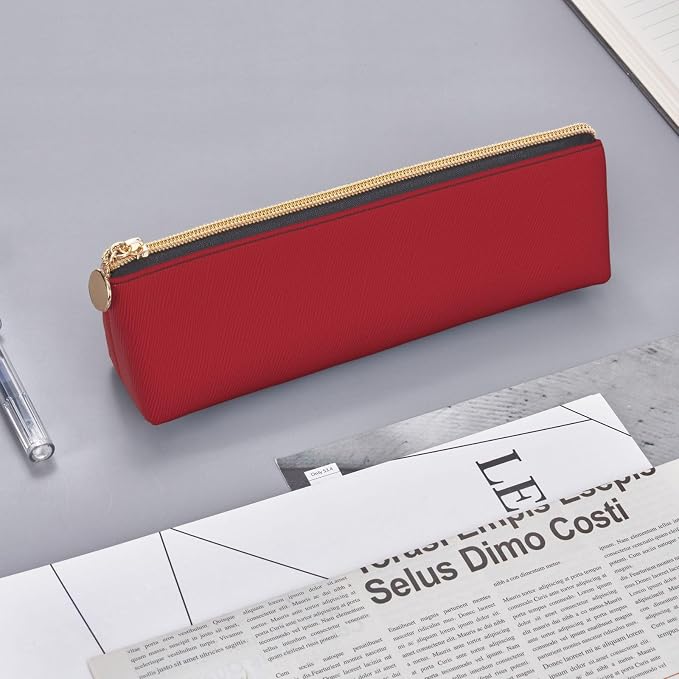 Leather Pen Case with Zipper - Aesthetic Pen Holder Amaranth red Pencil Case for Women & Men - Handcrafted Pencil Bag Multi-Functional Travel Cosmetic Case for Work Office Tool Pouch