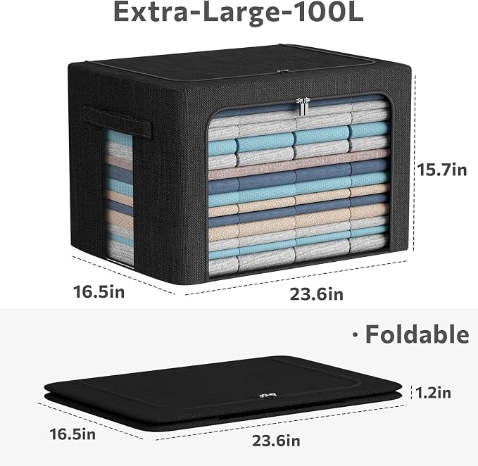 CYhom 3Pack Foldable Storage Bins - Frame Storage Box Linen Fabric Stackable Clothes Container Organizer with Clear Window & Carry Handles Large Capacity (Extra Large-100L, Black)