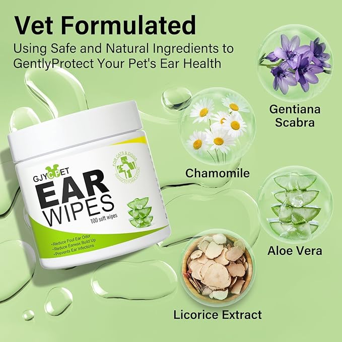 Dog Ear Wipes - Cat Dog Ear Cleaner, Puppy Ear Wipes Wash Cleaner for Dogs Cats - 100 Wipes for Dog Cat Ear Cleaning, Remove Ear Wax Dirt Debris for Dogs Cats Ear Infection Treatment Wipes