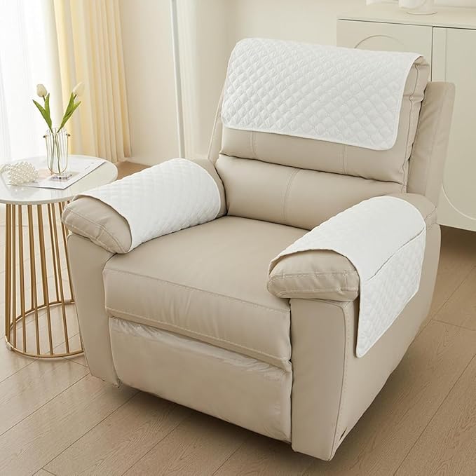Recliner Arm Covers with Pockets & Headrest Protector- Non-Slip Quilted Stretch Armrest Covers, Washable Sofa Armchair Organizer for Couch, Pet Scratch Resistant(Beige)