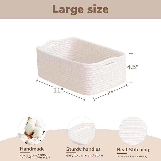 Goodpick 3-Pack Woven Storage Baskets for Gifts, 11 x 7 x 4.5 in | Empty Baskets for Closet, Dog Toy Basket for Pets, Closet Baskets for Organizing, Gift basket Empty, White