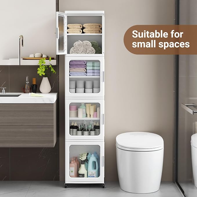 BROVIEW 4-Tier Tall Narrow Storage Cabinet 14.6” Wide, Slim Bathroom Cabinets with Adjustable Shelves and Doors, Plastic Kitchen Pantry Organizers and Storages for Small Space, Laundry, White