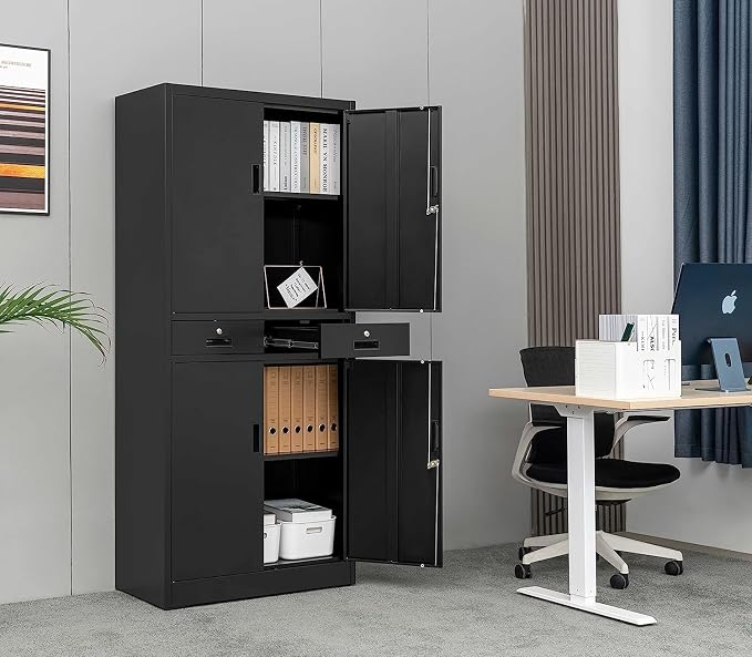 CJF Metal Storage Cabinet, 71" H Metal Cabinets with Adjustable Shelves and Drawers, Locking Storage Cabinet for Pantry, Office, Garage, Home, School, Utility (Black)