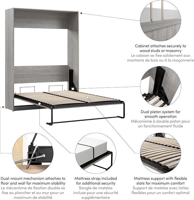 Bestar Full Murphy Bed, Platinum Gray, Claremont, 59W | Dual piston mechanism; for guest room or multipurpose space