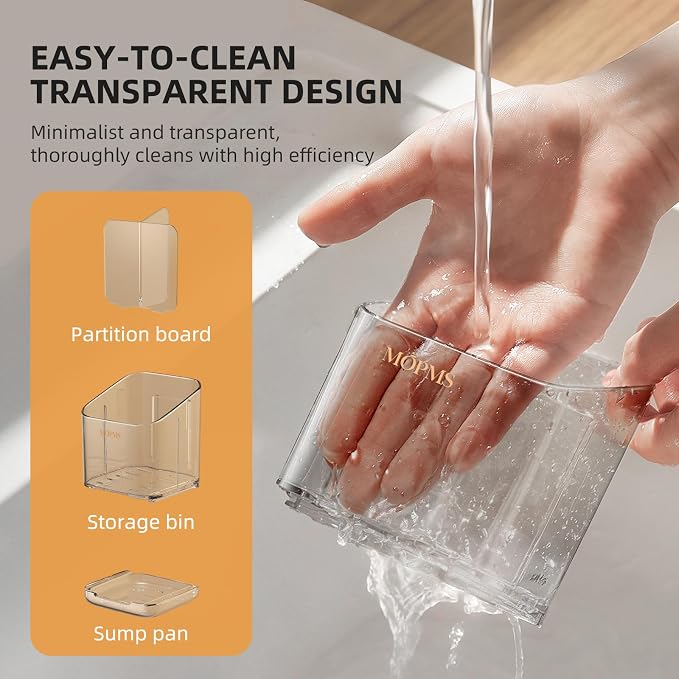 MOPMS Kitchen Sponge Holder with Drip Tray, Sink Caddy Organizer | Clear PET Kitchen Storage Rack Holds Brushes with Removable Divider, Durable Countertop Holder Space-Saving