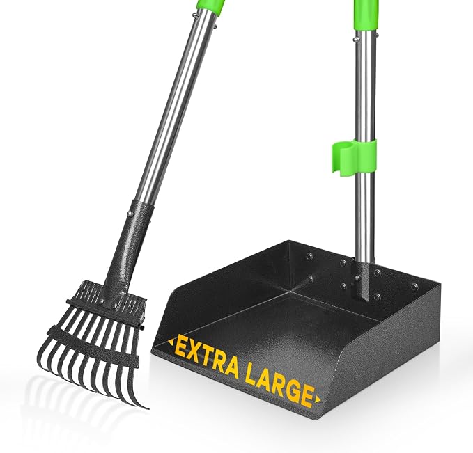 TOOGE Metal Pooper Scooper for Dogs Heavy Duty Long Handle Rake & XL Tray | Poop Scooper for Large Dogs with 9”W 9.5”L Extra Large Tray for Yard, Grass, Dirt & Gravel