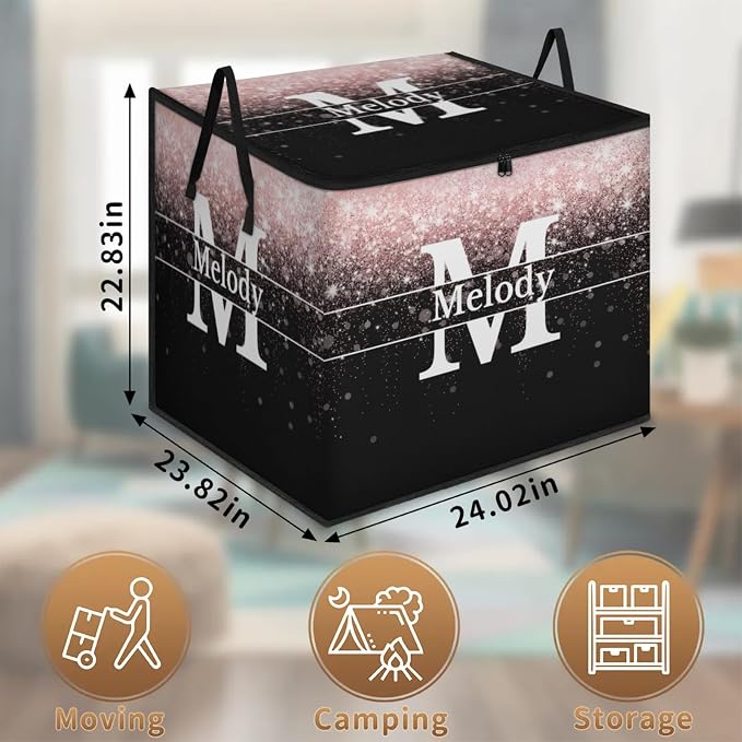 Custom Comforters Storage Basket with Lid, Personalized Name Initial Letter Large Organizer Bin for Pet/Children Toys, Books, Clothes, Perfect for Rooms/Playroom, Pale Pink Bling with Black