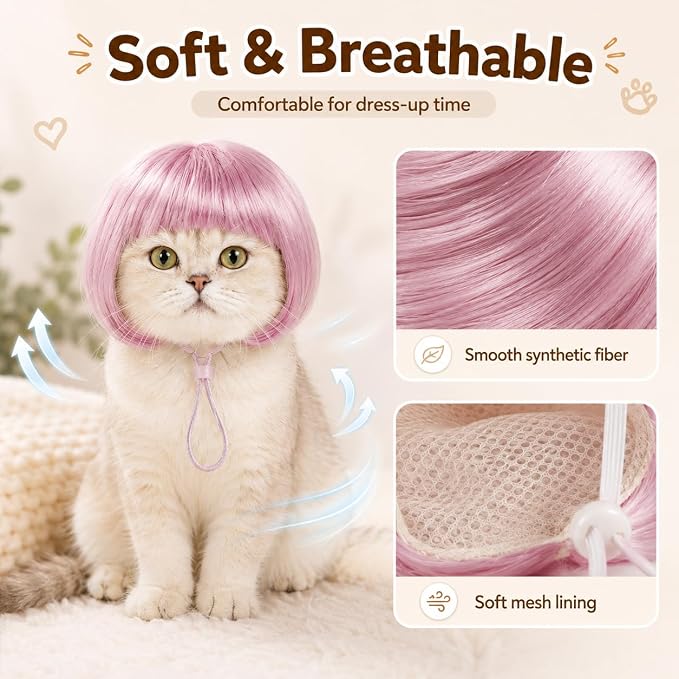 Funny Dog Wigs and Cat Wig Set, 6 Pack Pet Costume Hairpieces | Adjustable Pet Costume Hairpieces with Elastic Strap, Soft Breathable Cosplay for Small Medium Dogs Cats Halloween Party