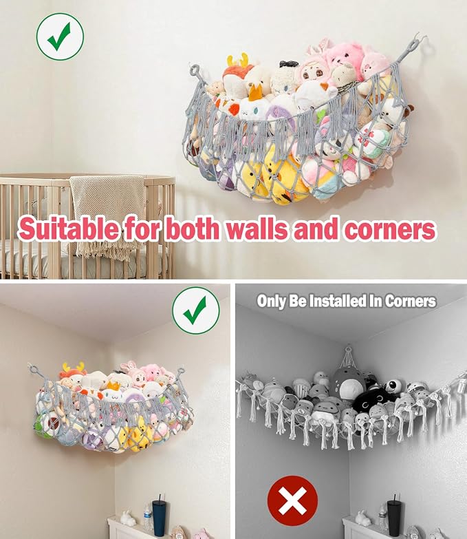 Stuffed Animal Net Hammock, Save Space Eliminate Clutter (Light Grey) | Premium Cotton Hand-knitted plush hammock, Boho Stuffed Animal Storage for Nursery, Bedroom Decor, playrooms