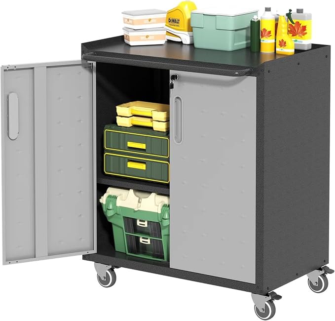 Garage Tool Storage Cabinet with Wheels & 2 Lockable Doors,Gray | Heavy Duty Steel Rolling Chests & Cabinets,Mobile Storage Cabinet for Basement,Workshop,Assembly Required