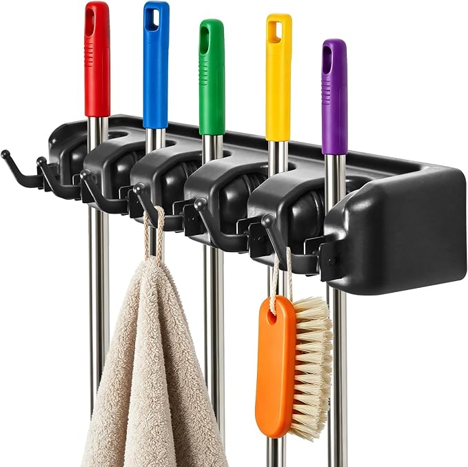 Broom Holder Wall Mount with Hooks & Slots, Wall Hanger for Home | Heavy Duty Mop Holder Wall Mount for Shovel, Rake Hang | Garage, Home Storage, Kitchen, Laundry & Shed