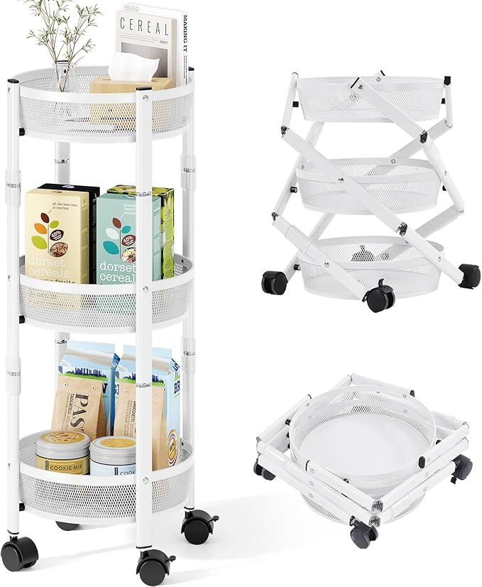 TOOLF 3 Tier Foldable Rolling Cart, Metal Utility Storage Cart, White | Assembly-Free, Lockable Wheels, Round Trolley Organizer for Bathroom, Kitchen, Office, Dorm, Laundry, Craft Room