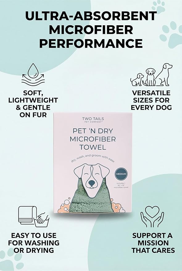 Two Tails Pet Company Pet N’ Dry Microfiber Bath Towel, Absorbent Dog Towels for Versatile Everyday Drying or Washing, Soft and Lightweight, Fast Drying, Grooming Dog Supplies, Size Medium