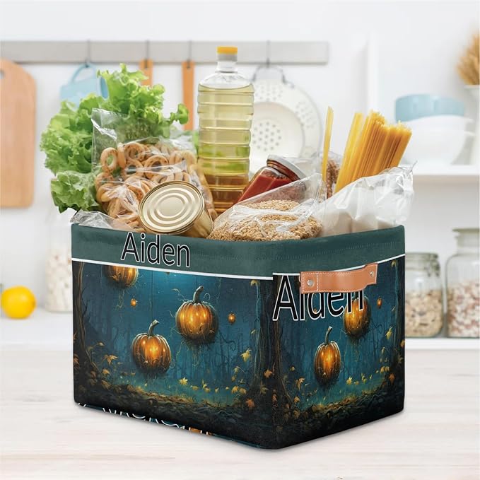 Custom Storage Baskets for Kids with Name, Happy Halloween Pumpkins Night Forest Large Foldable Organizer Collapsible Storage Bin with Leather Handle for Home Toys Closet Nursery