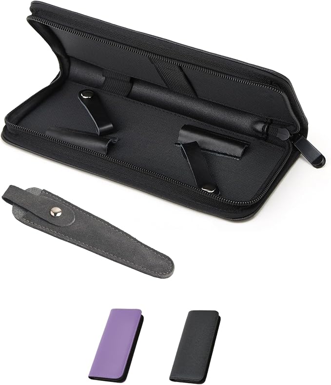 Haircutting Scissor Case with Zipper and A Leather Cover(Black+Gray) | Professional Salon Hair Scissors Storage , PU Leather Portable Safety Holster Organizer for Hairdressers Tools