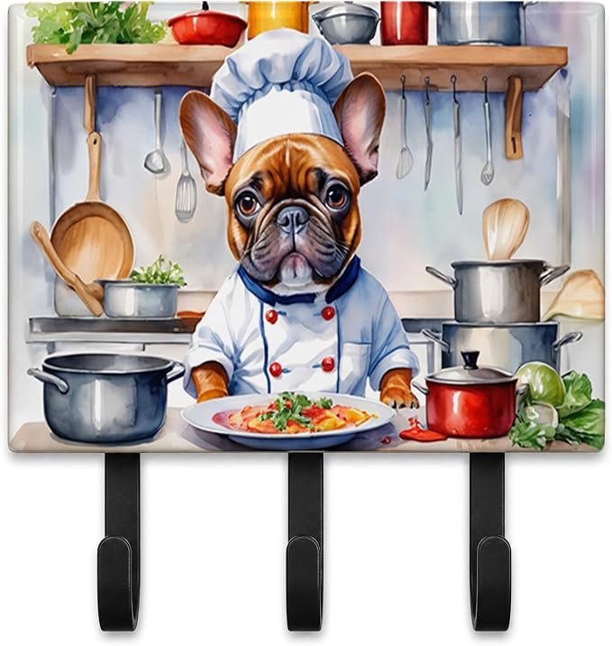Caroline's Treasures French Bulldog The Chef Leash or Key Holder Wall Hooks, Key Hooks Holder, Coat Rack Wall Mount, Coat Hooks, Hooks for Hanging Keys, Towels, Aprons, Leashes | French Bulldog The Chef artwork on ceramic tile with three steel hooks fo...