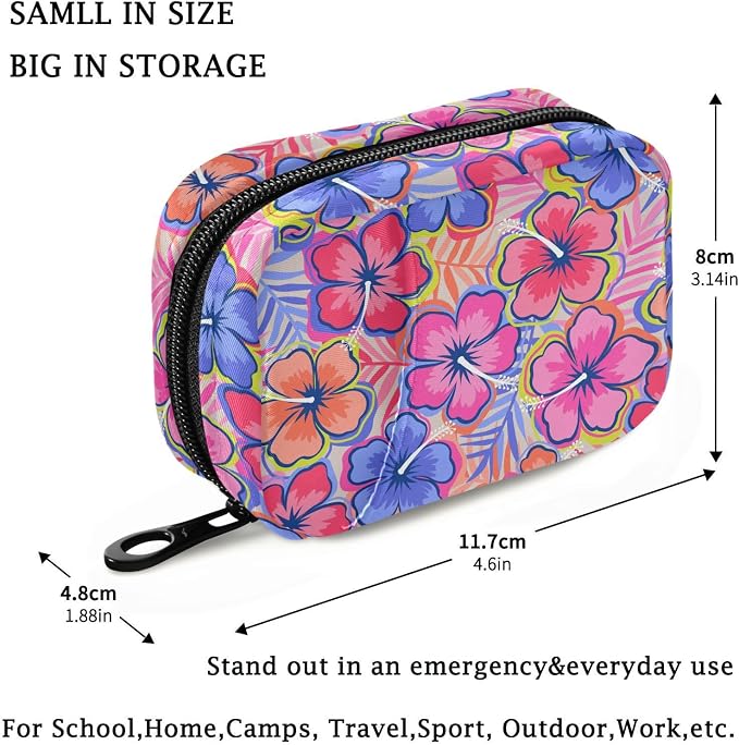 Fustylead Colorful Summer Hibiscus Flower with Palm Leaf Pill Organizer and Storage Weekly with Zipper, Removable Pill Box Portable Medicine Organizer for Vitamin Fish Oil Supplement