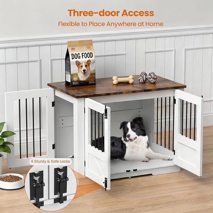 39.4" Dog Crate for Small/Medium Dogs, 3-in-1 Furniture Style Wood Dog Crate End Table TV Stand with 3 Doors, Decorative Pet House Dogs Cage Furniture for Living Room, Bedroom, Entryway, White