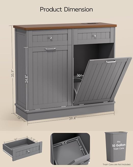 Betterhood Double Tilt Out Trash Cabinet with Power Outlet & USB, Hidden Garbage Can Holder with 2 Storage Drawers, Wooden Laundry Hamper for Kitchen, Bathroom, Living Room, Grey