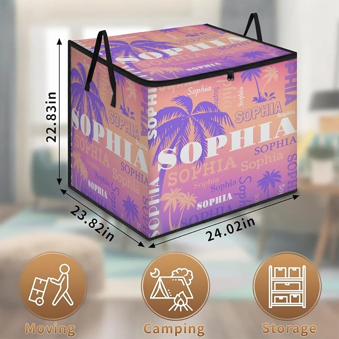 Custom Comforters Storage Basket with Lid, Personalized Name Large Organizer Bin for Pet/Children Toys, Books, Clothes, Perfect for Rooms/Playroom, Purple Palm Trees Gradient Pink Background