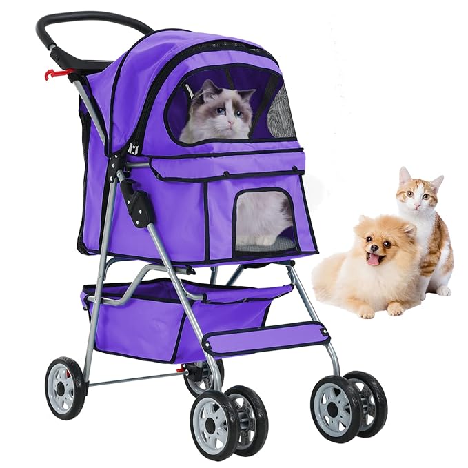 4 Wheels Cat Stroller, Pet Dog Jogger Stroller, Folding Carrier Waterpro with Cup Holder & Removable Liner, Dog Strollers for Small Dogs, for Small and Medium Pet Supplies (Purple)