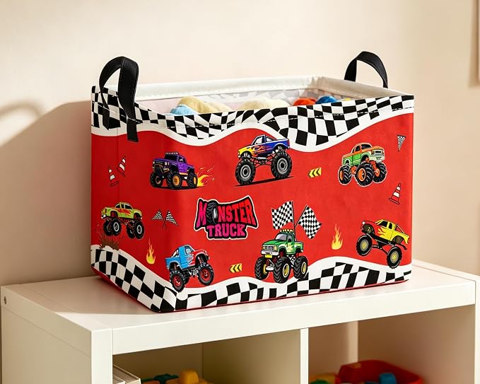Essme Rectangular Kids Basket,Car Storage Bins Organizer with Handles for Boys Room Decor, Gift Basket,Shelf Basket.(Red Car)