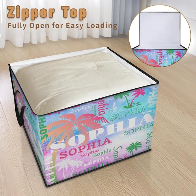 Personalized Extra Large Storage Bins with Lid, Customized Name Painted Blue Pink Green Tropical Palm Trees Storage Basket Rectangle Clothes Organizer for Organizing Kids and Pets Toys Shelf Closet